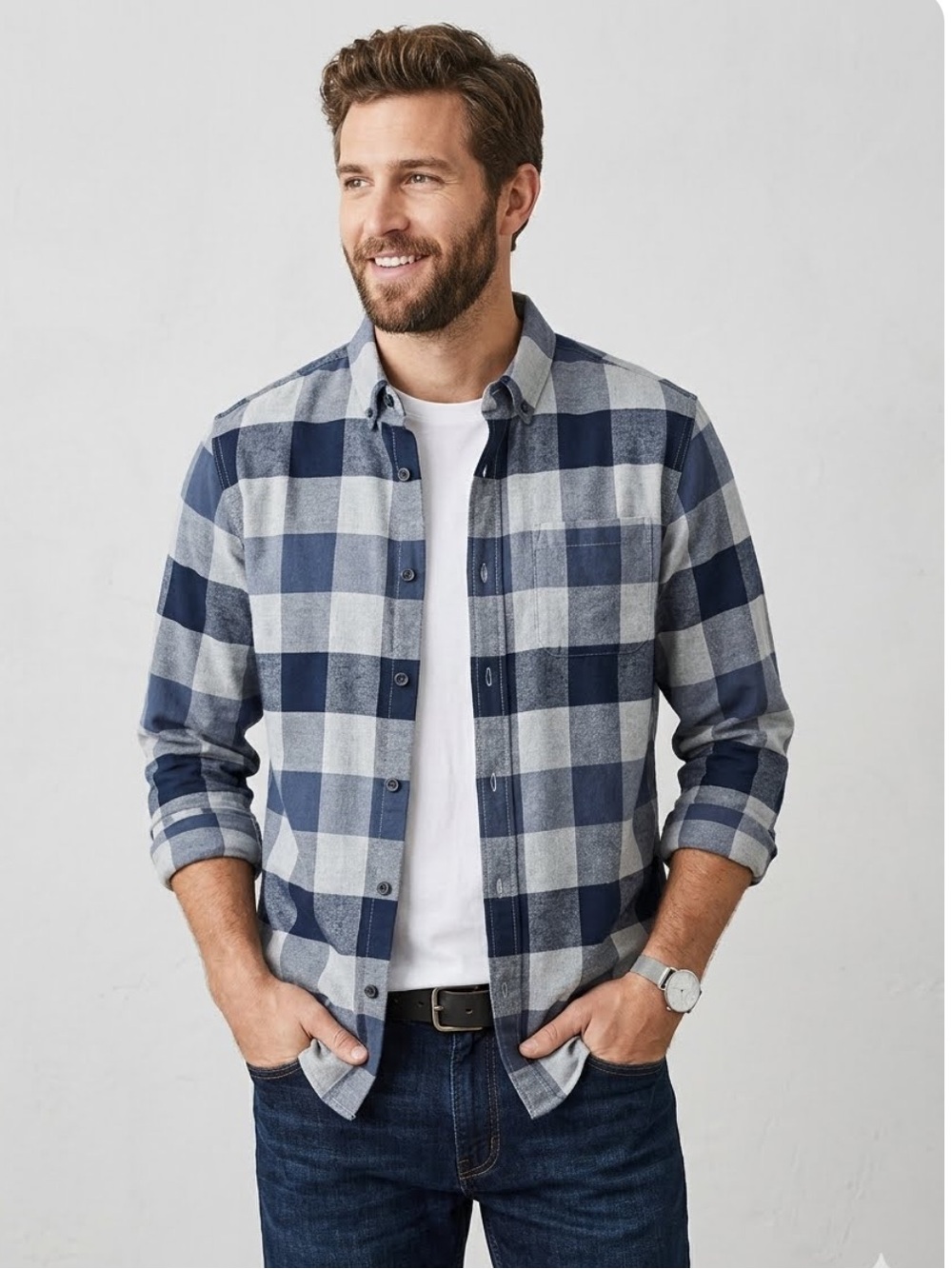 Eddie Bauer Navy and Light Blue Buffalo Check Flannel Button-Up Shirt, Small